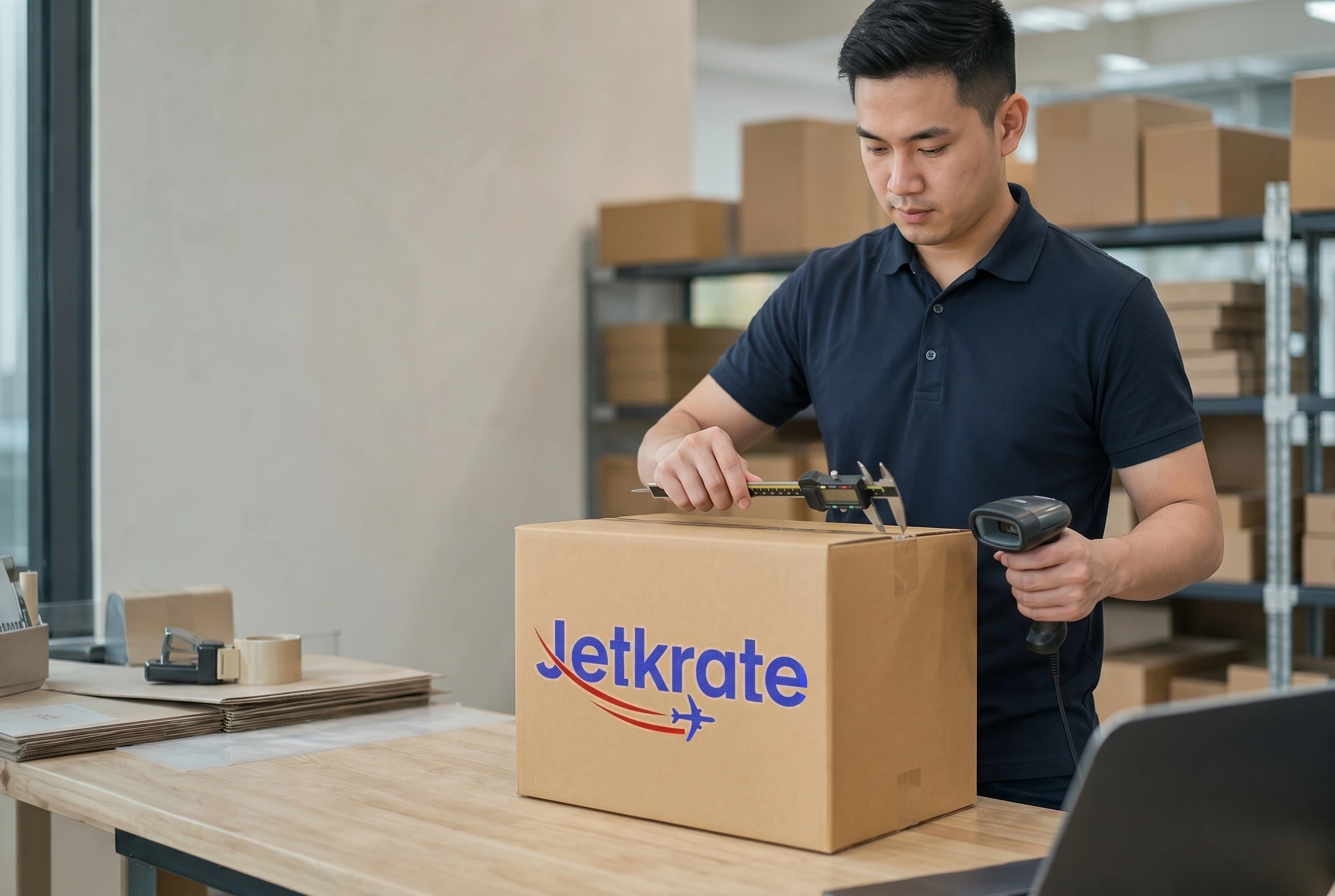 Warehouse team member measuring a parcel with the Jetkrate logo printed on the cardboard box for Australia forwarding