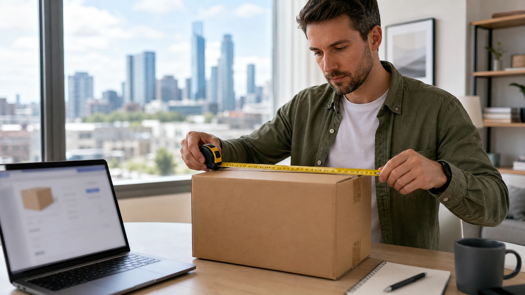 Customer measuring a parcel before forwarding a US purchase to Canada