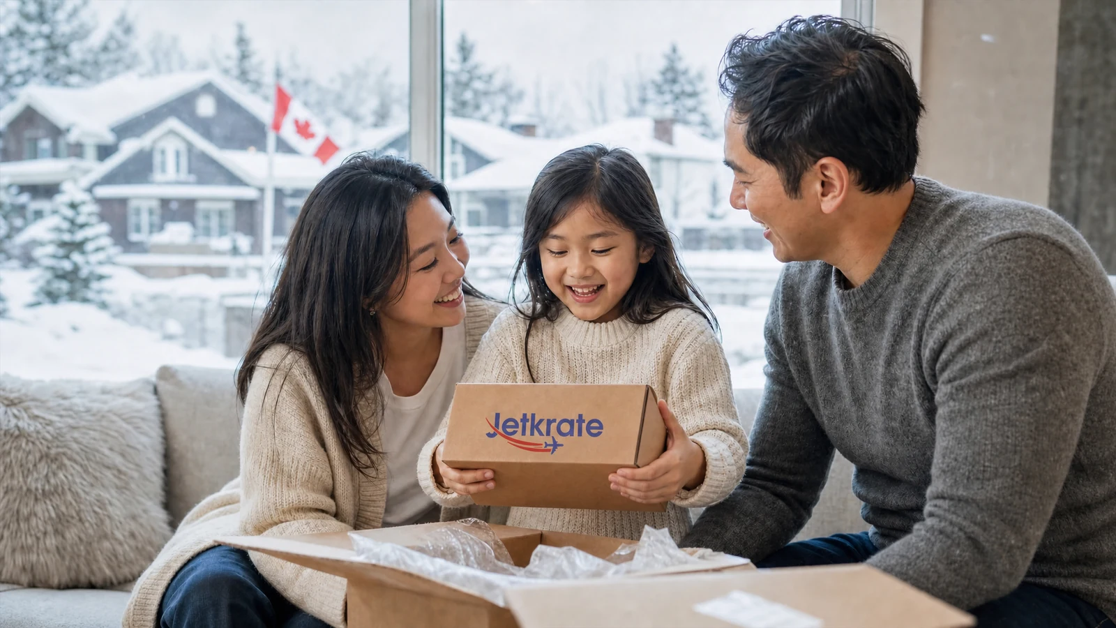 Family unboxing a Jetkrate branded parcel at home in Canada