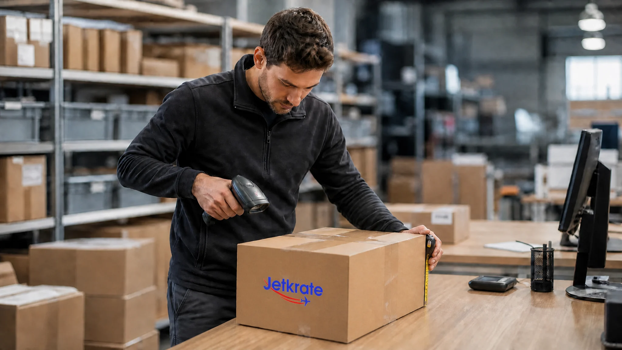 Warehouse team member checking a Jetkrate branded parcel before forwarding to Canada