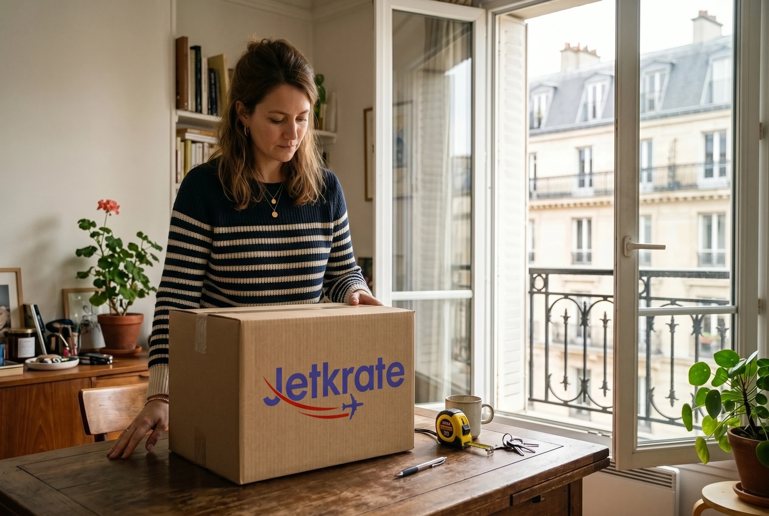 Customer preparing a Jetkrate branded parcel in Paris for USA to France package forwarding