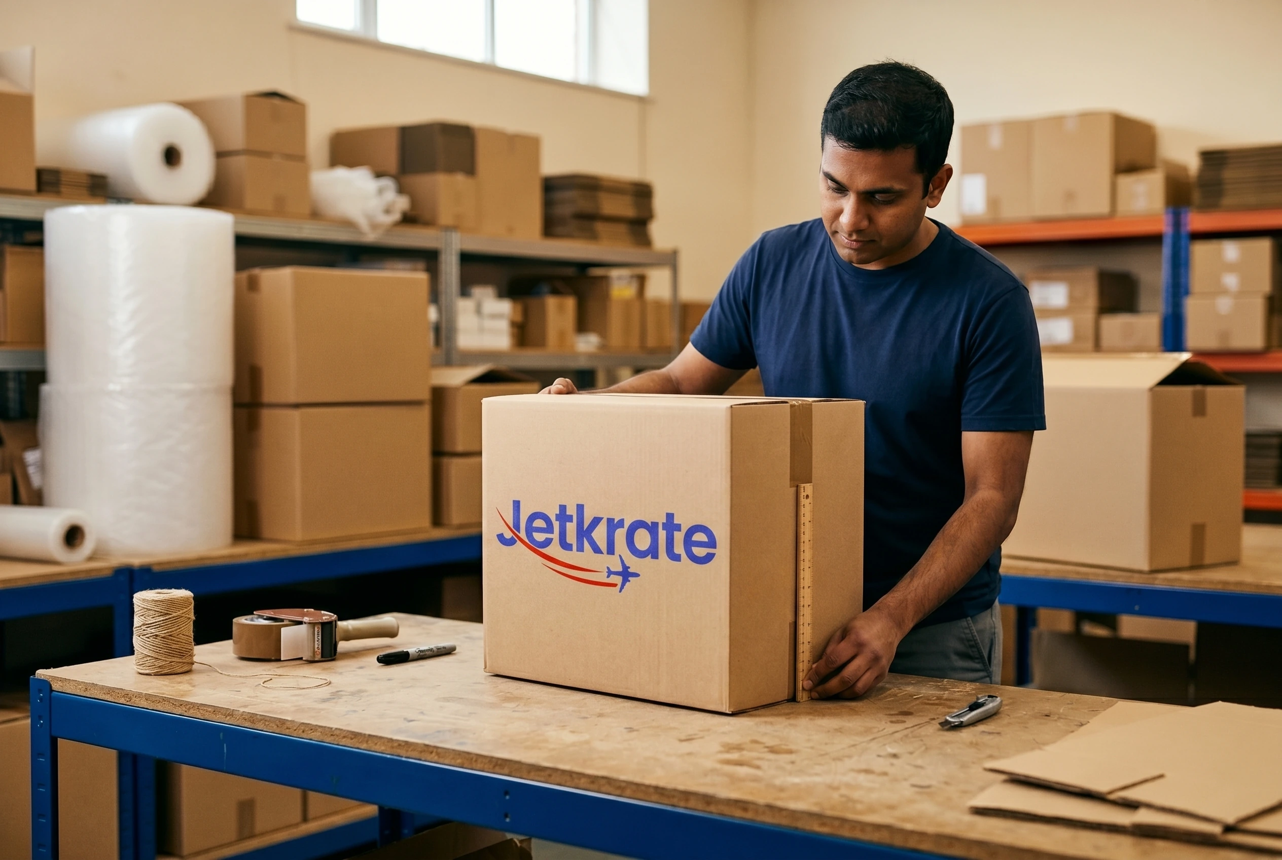 Warehouse team member measuring a parcel with the Jetkrate logo printed on the cardboard box for France forwarding