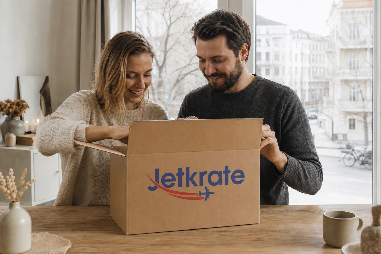 Customer opening a Jetkrate branded parcel for USA to Germany package forwarding