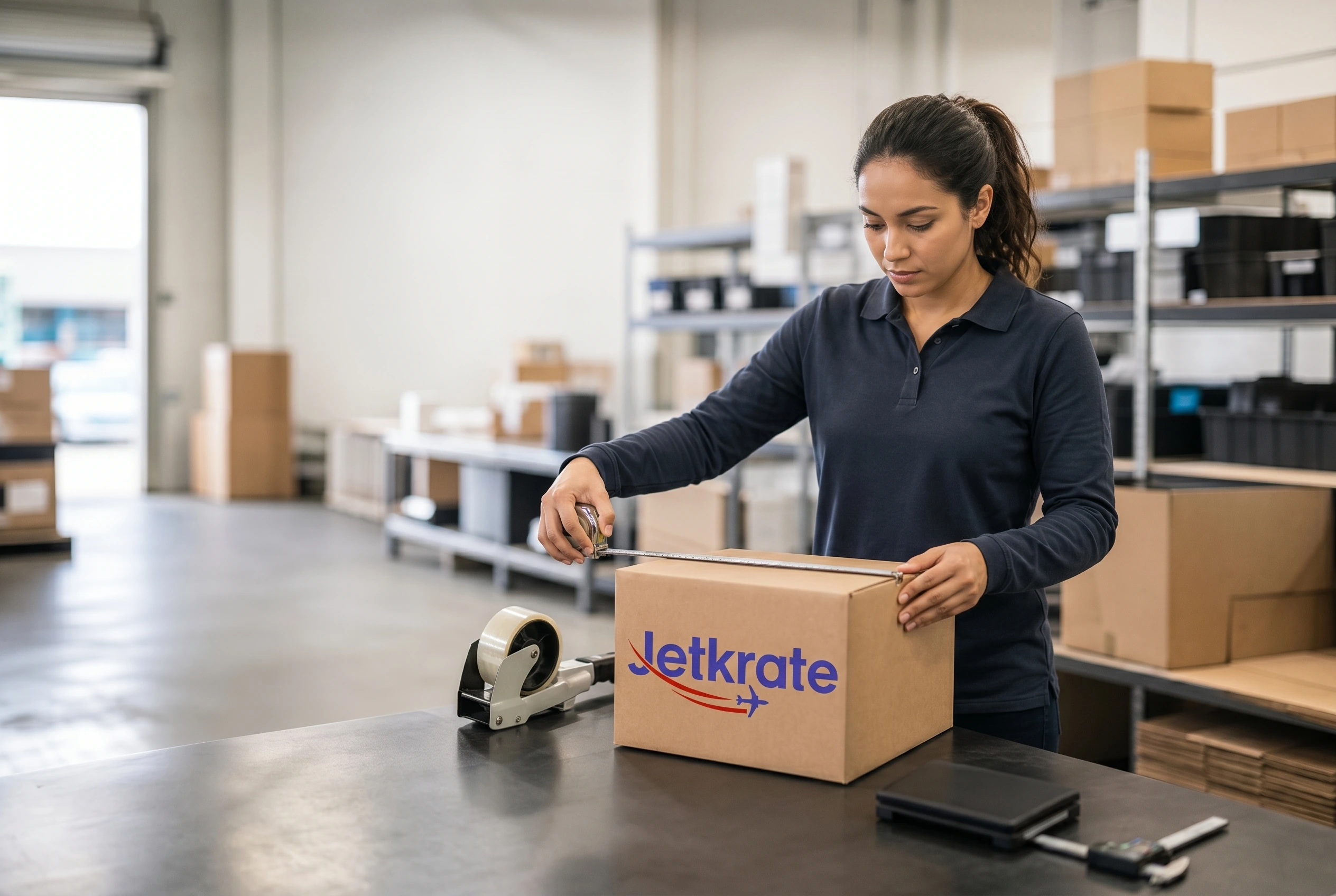 Warehouse team member measuring a parcel with the Jetkrate logo printed on the cardboard box for Germany forwarding