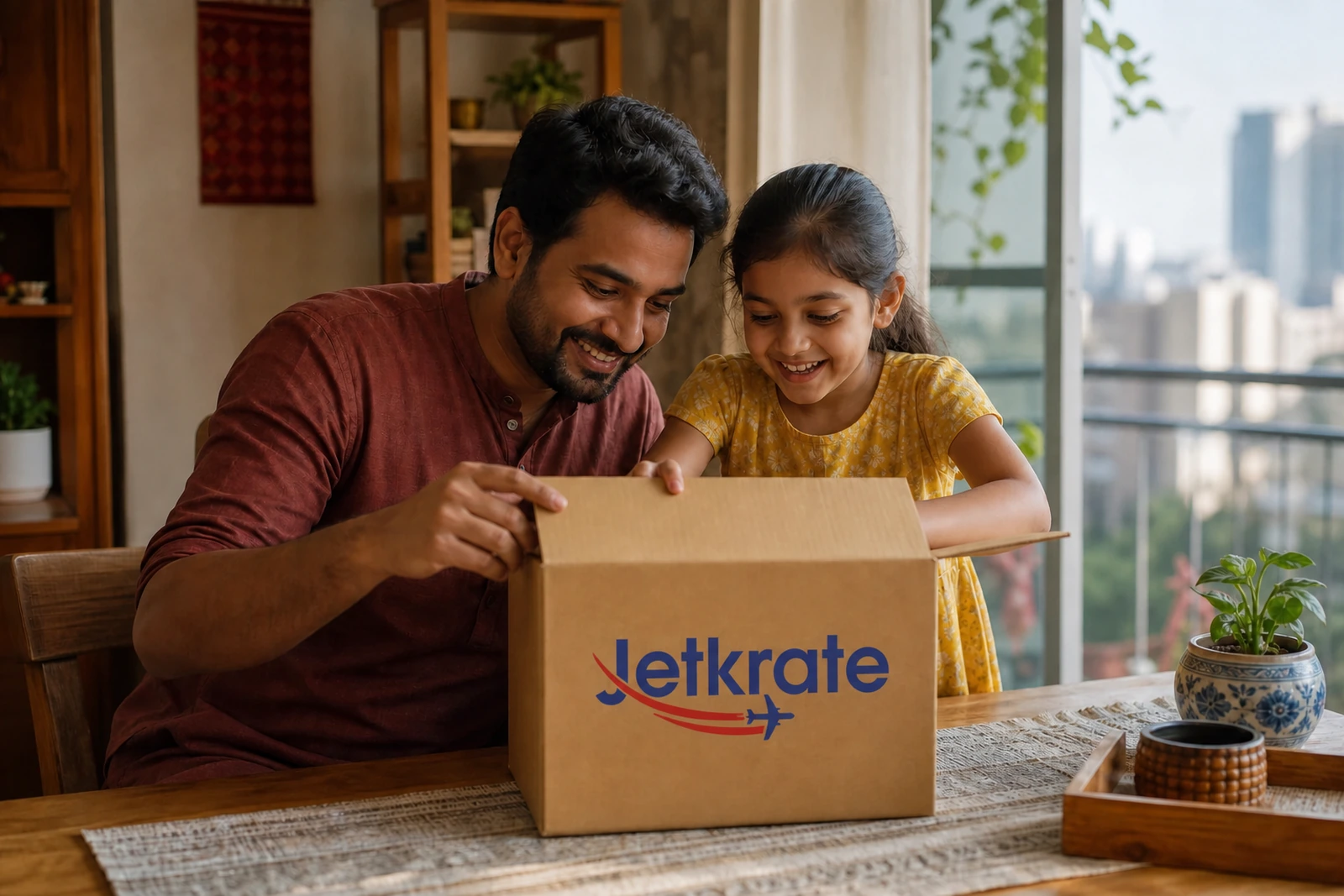 Customer opening a Jetkrate branded parcel for USA to India package forwarding