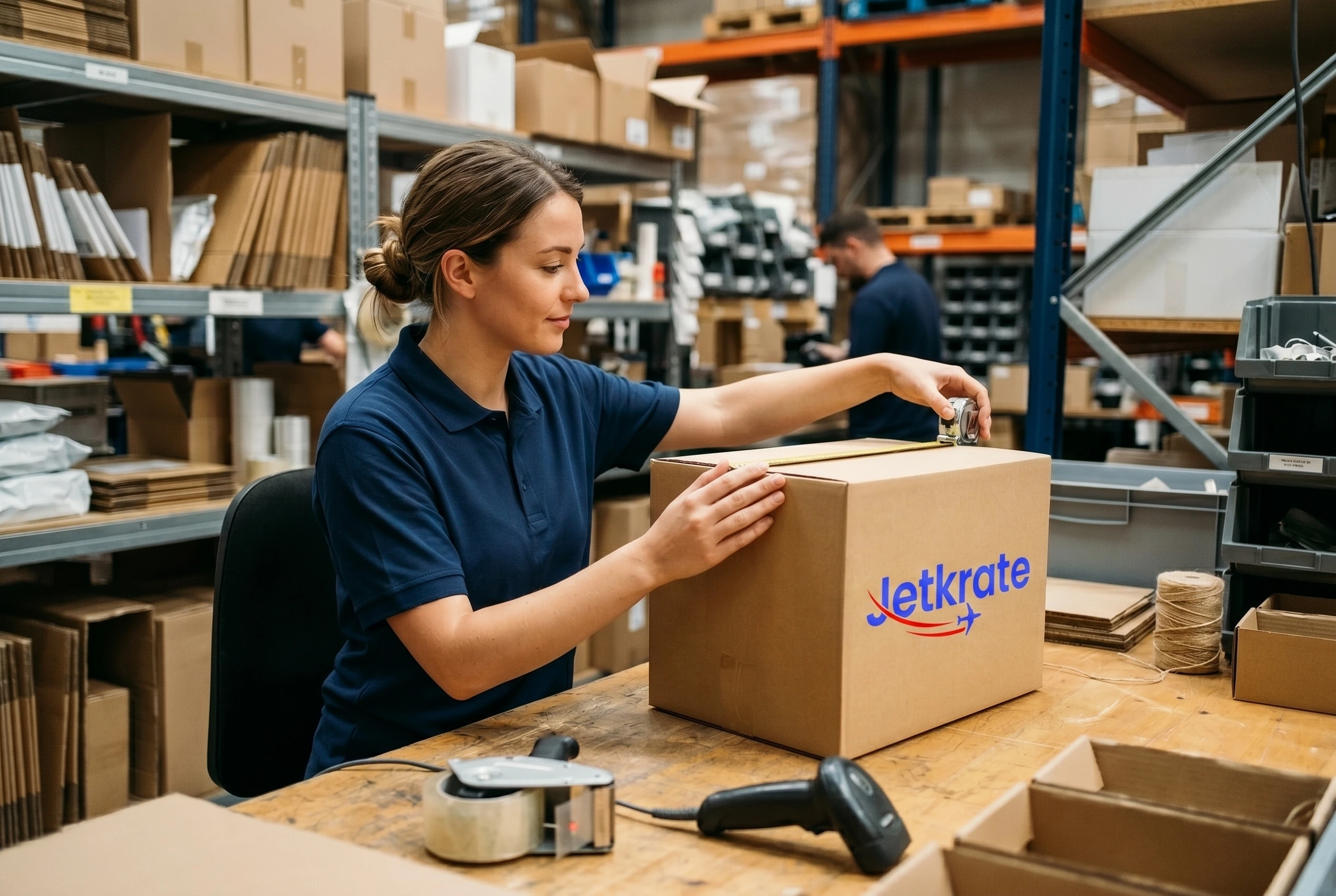 Warehouse team member measuring a parcel with the Jetkrate logo printed on the cardboard box for India forwarding