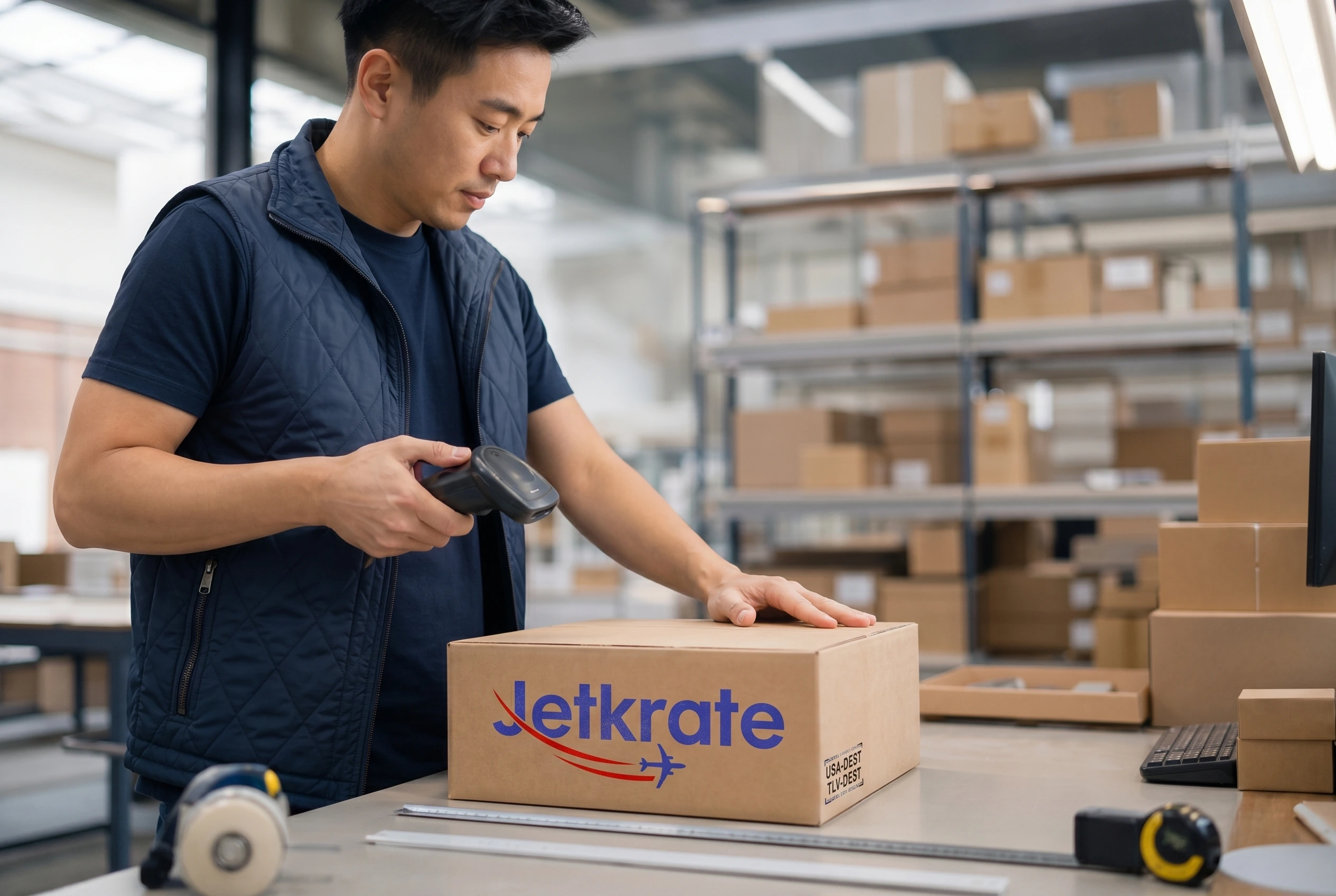 Warehouse team member measuring a parcel with the Jetkrate logo printed on the cardboard box for Israel forwarding