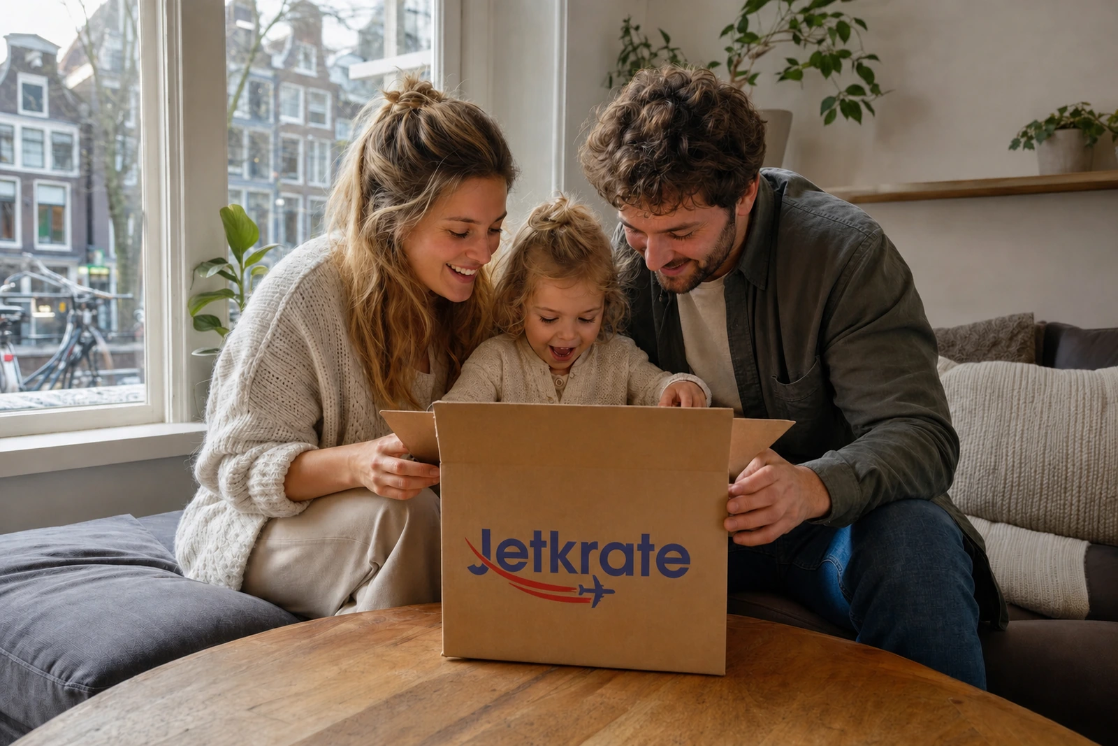Customer opening a Jetkrate branded parcel for USA to the Netherlands package forwarding