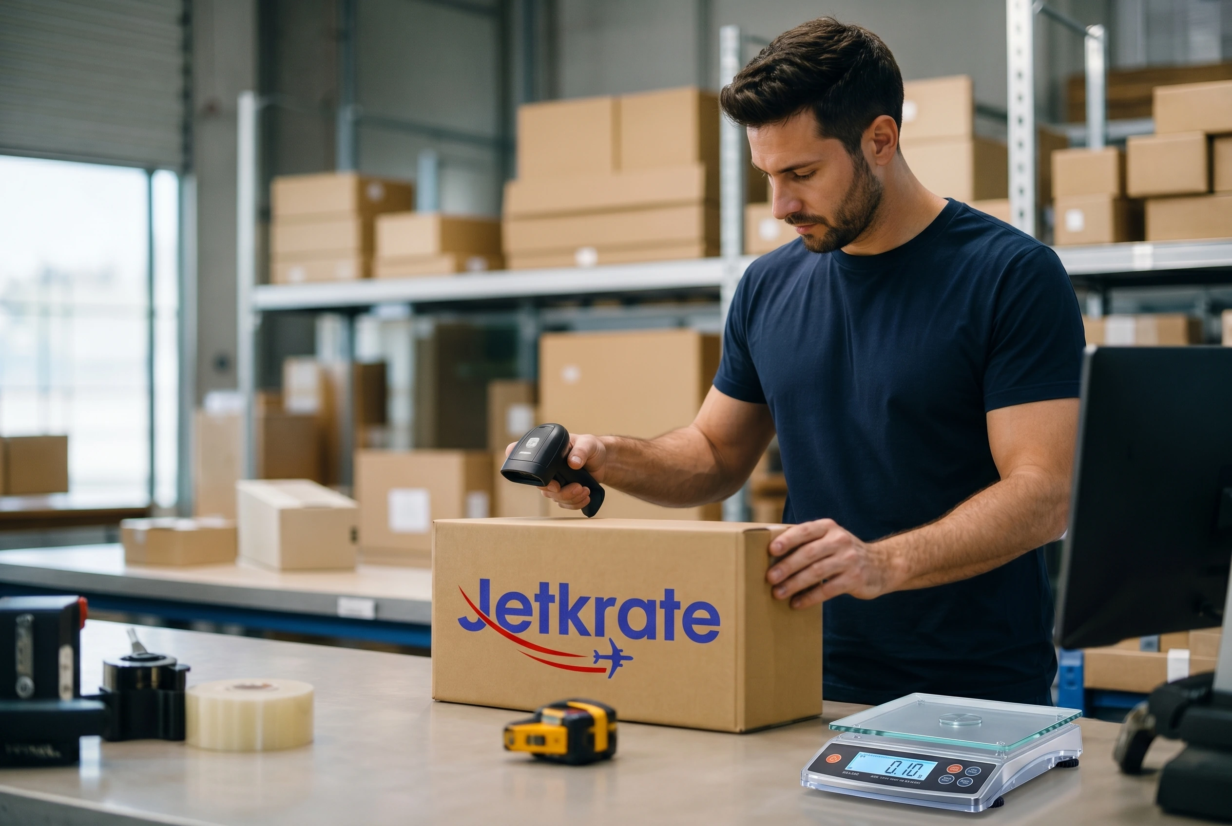 Warehouse team member measuring a parcel with the Jetkrate logo printed on the cardboard box for the Netherlands forwarding