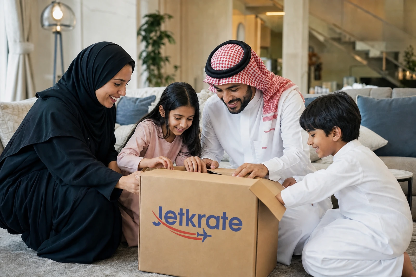 Customer opening a Jetkrate branded parcel for USA to Saudi Arabia package forwarding