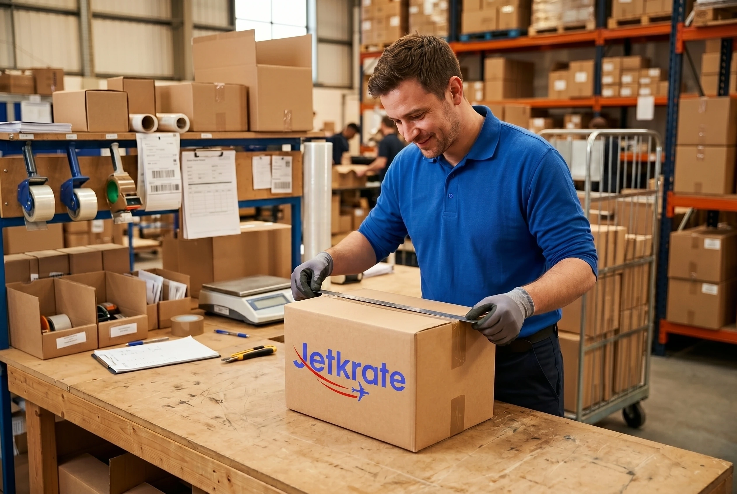 Warehouse team member measuring a parcel with the Jetkrate logo printed on the cardboard box for Saudi Arabia forwarding