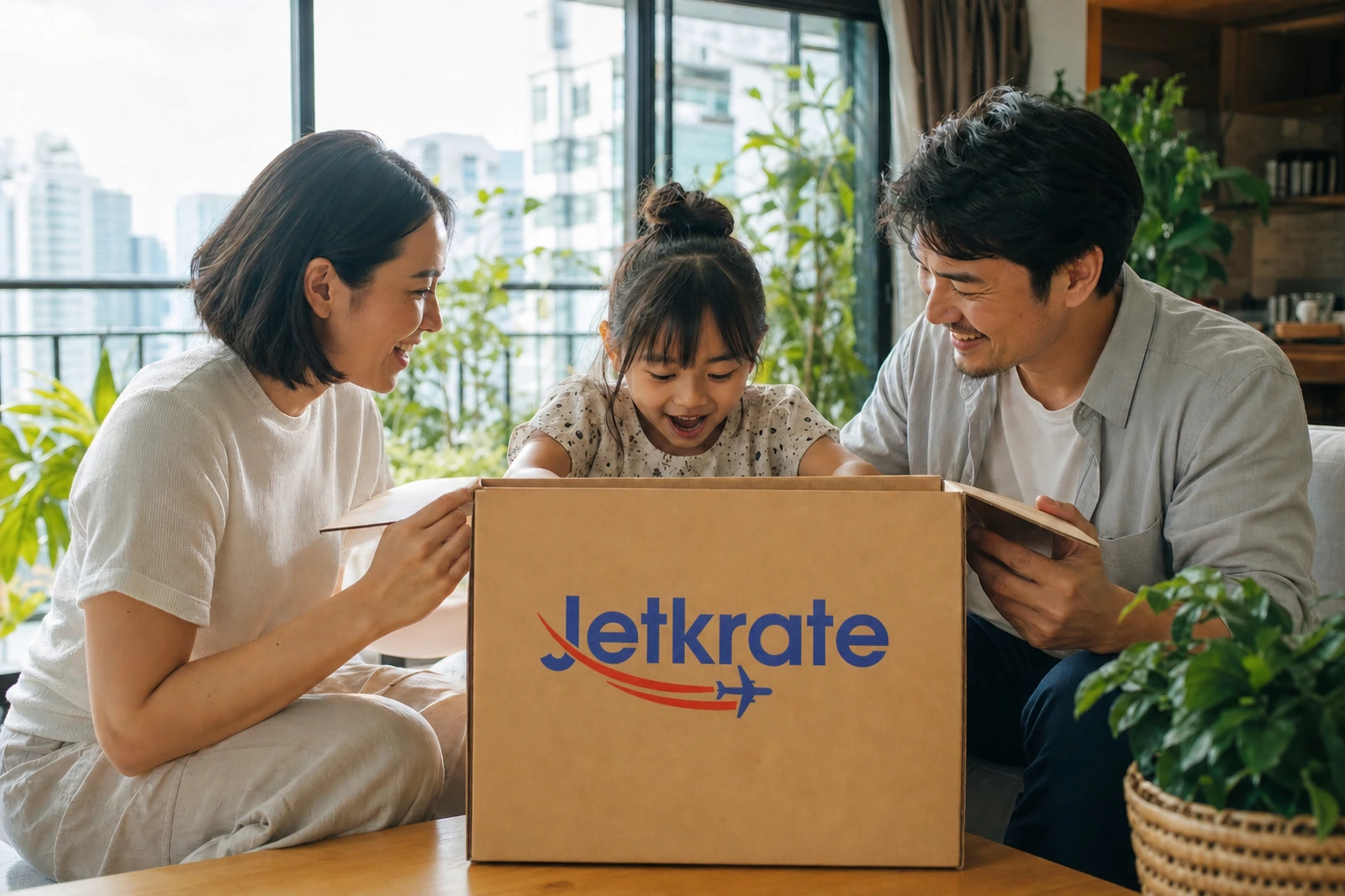 Customer opening a Jetkrate branded parcel for USA to Thailand package forwarding