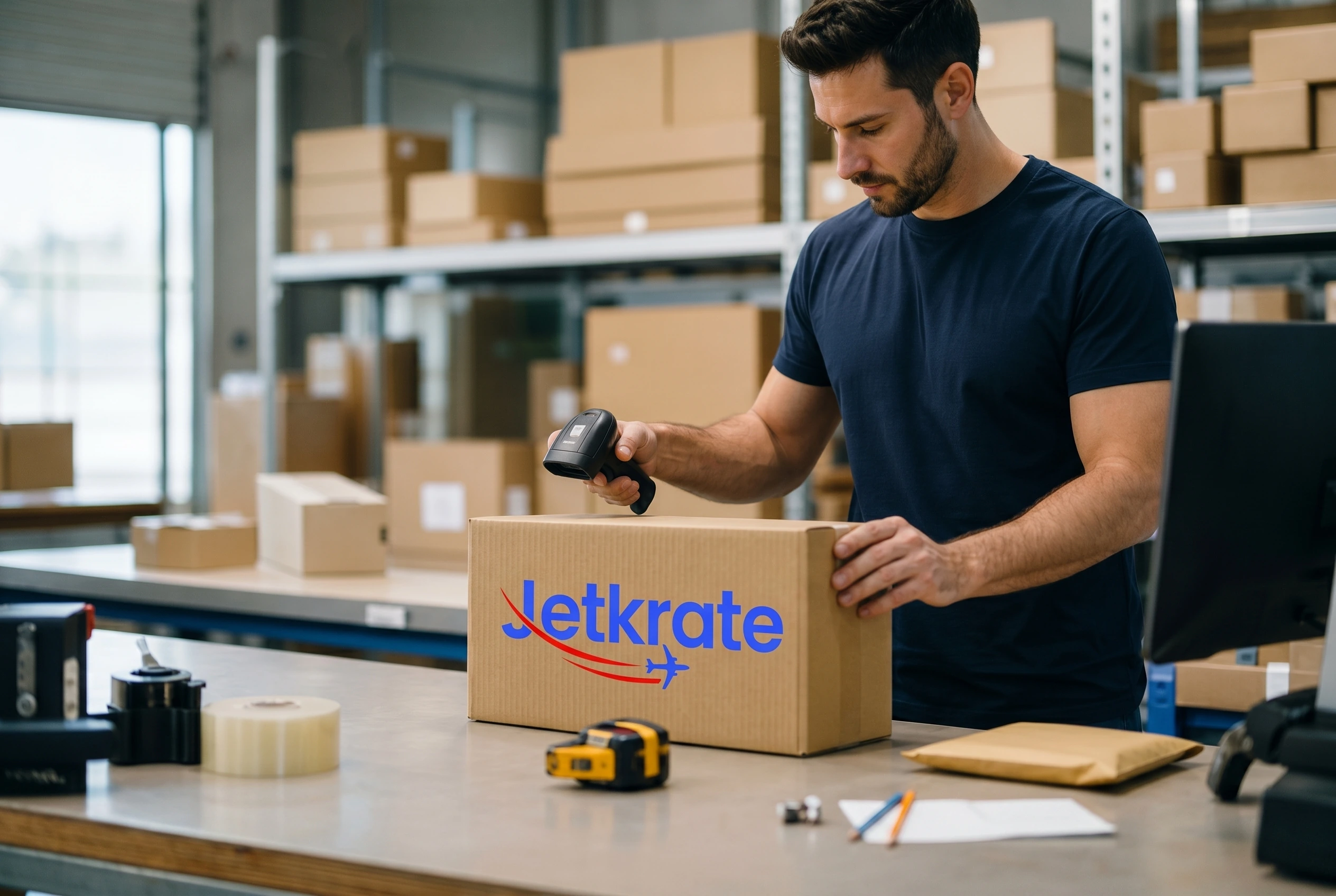 Warehouse team member measuring a parcel with the Jetkrate logo printed on the cardboard box for Thailand forwarding