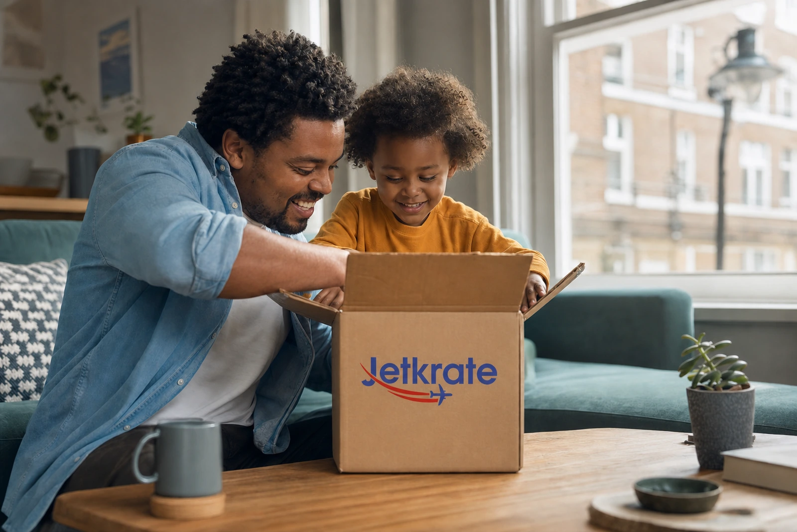 Family opening a Jetkrate parcel after forwarding a US purchase to the United Kingdom