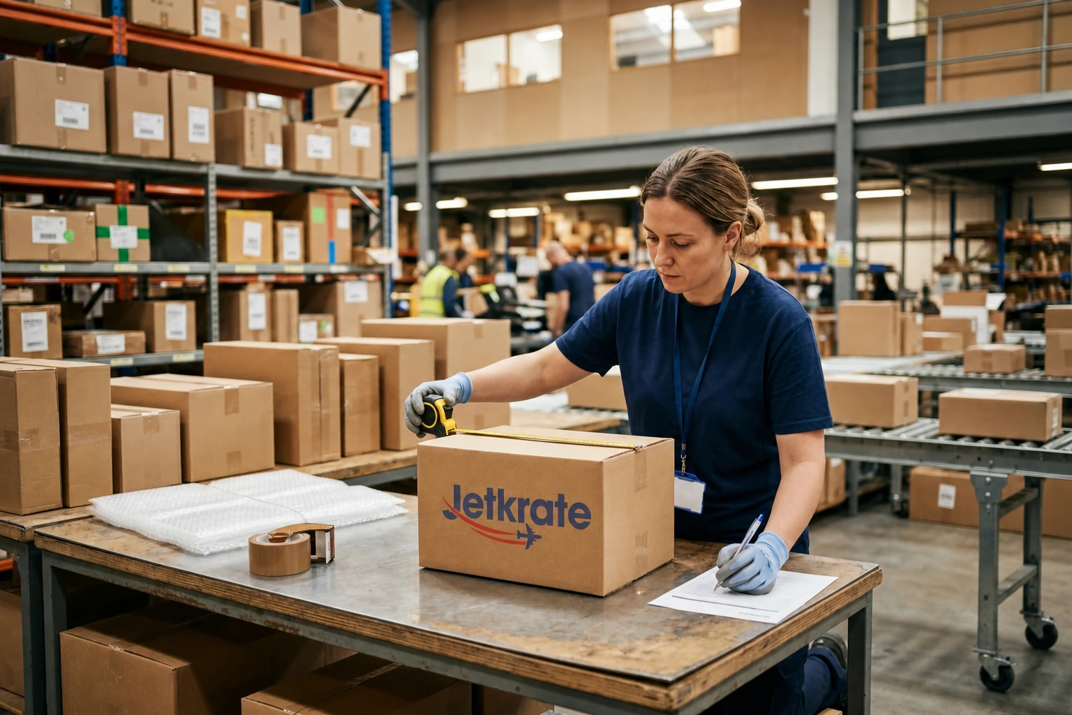 Warehouse team member measuring a parcel with the Jetkrate logo printed on the cardboard box for UK forwarding