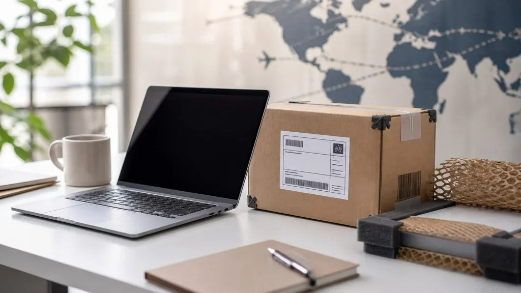 Laptop and packaged parcel prepared for international forwarding