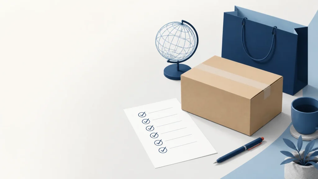 Unbranded parcel, shopping bag and checklist for overseas shopping decisions