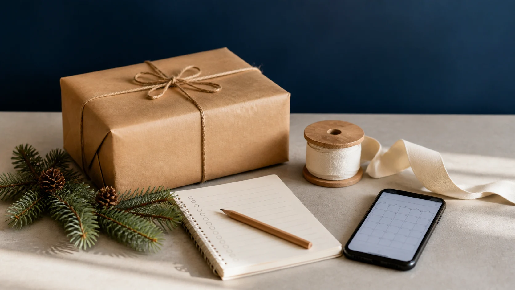 Unbranded Christmas gift parcel, checklist and calendar for careful overseas shopping