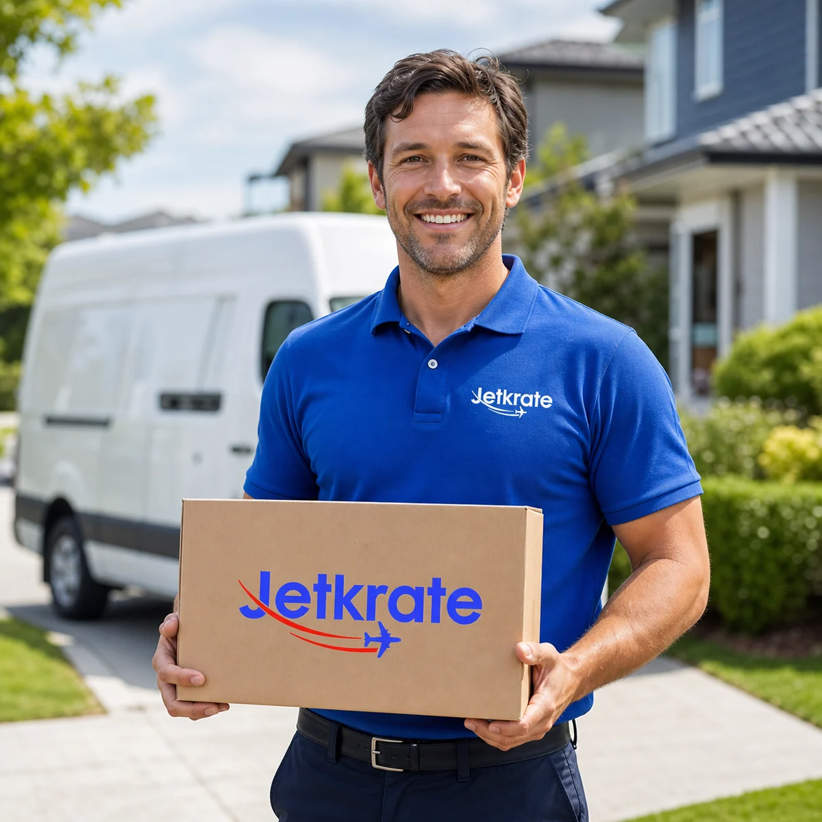 Smiling Jetkrate courier driver holding a branded parcel with a courier van outside a residential home.