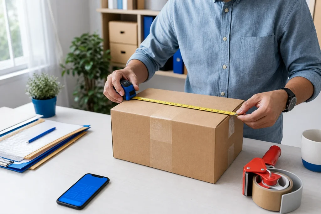 Customer measuring a packed parcel before comparing international courier services.