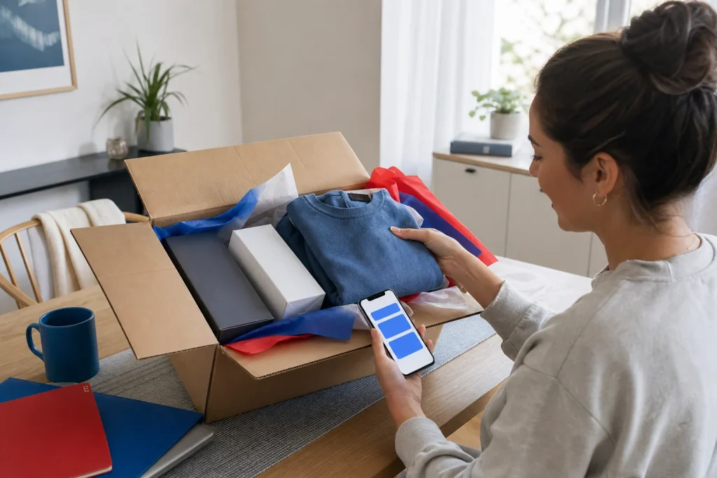 Customer reviewing a consolidated parcel and its contents after forwarding.