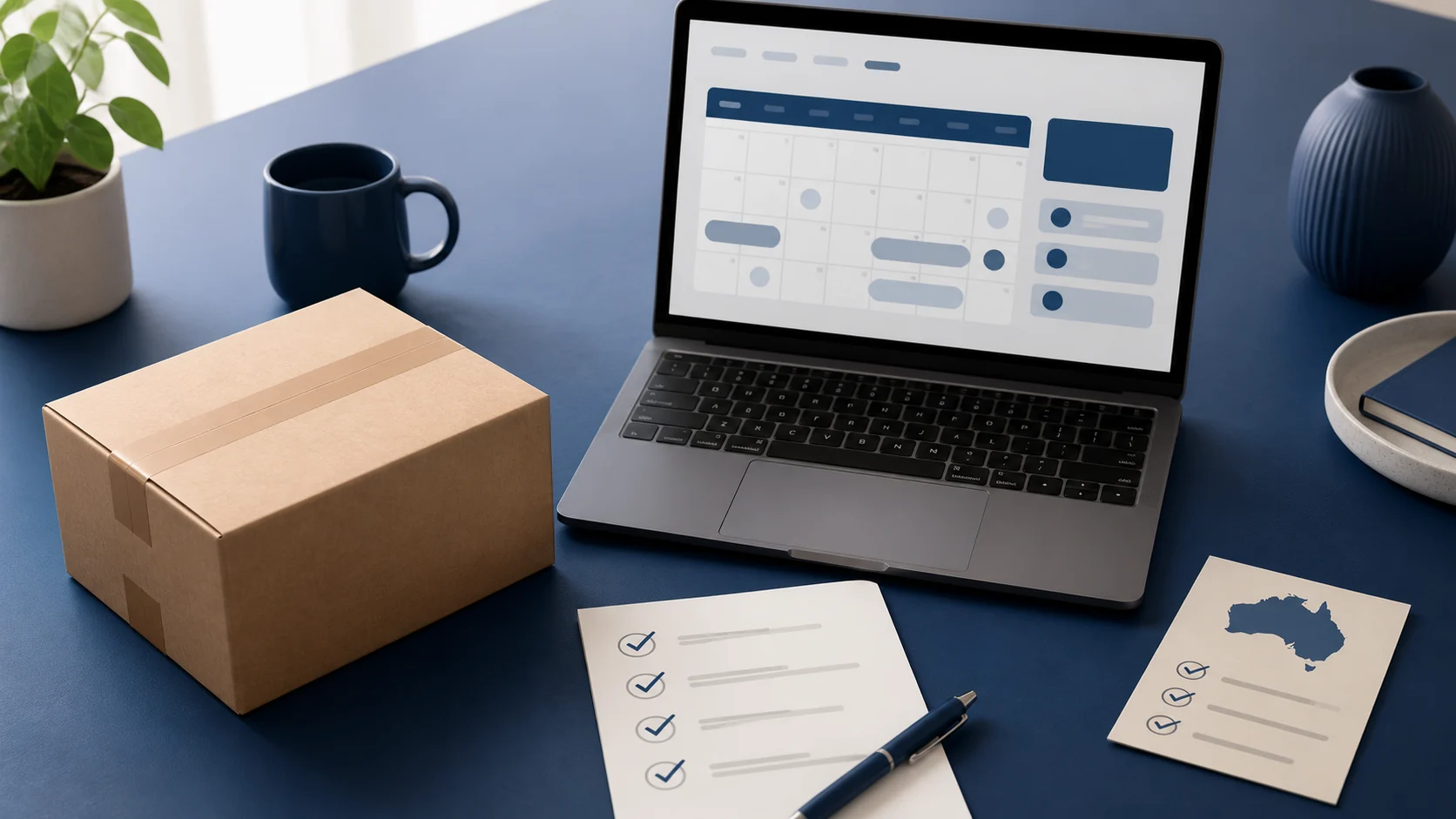 Unbranded parcel, laptop calendar and pre-buy checklist for US sale shopping from Australia
