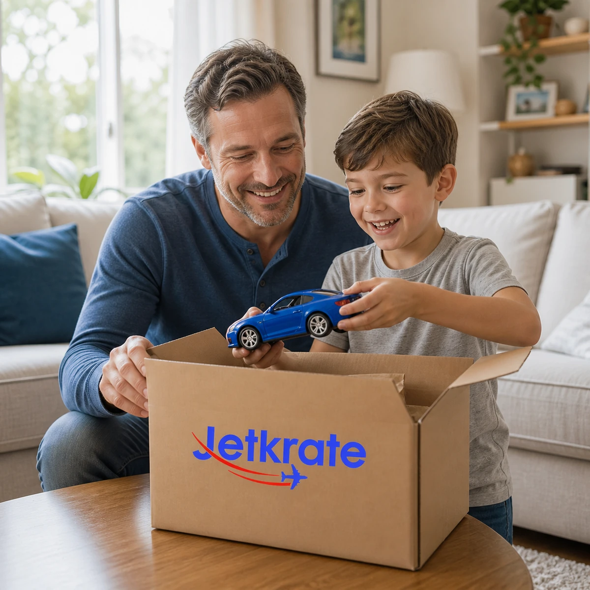 Father and son unboxing a toy car from a Jetkrate-branded parcel at home.