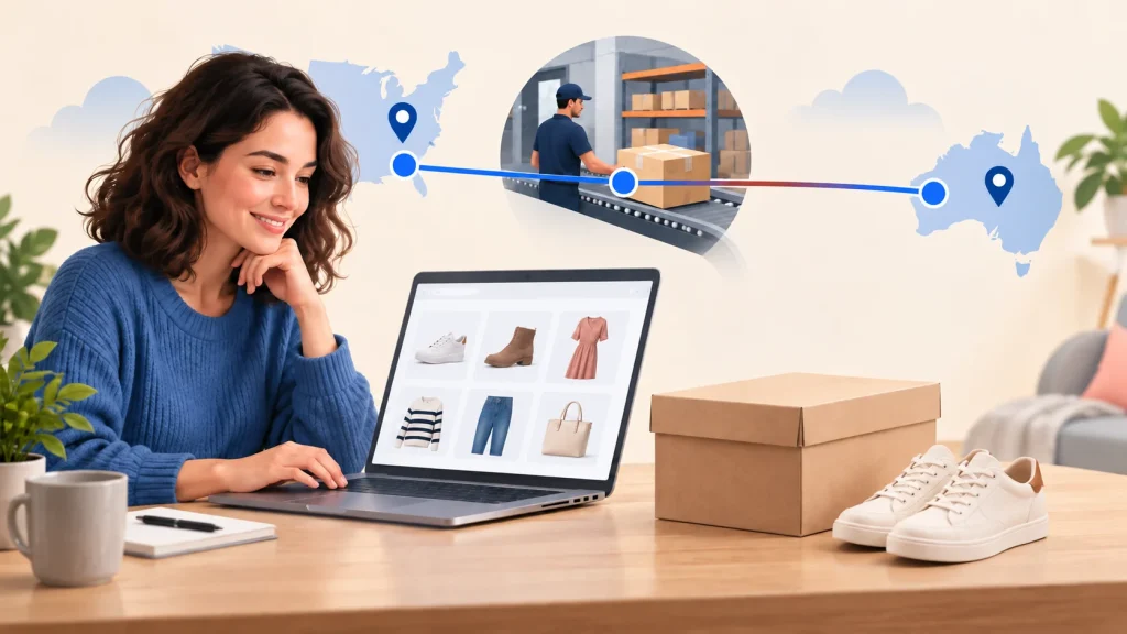 Australian shopper comparing US fashion products with a package-forwarding route from the United States to Australia