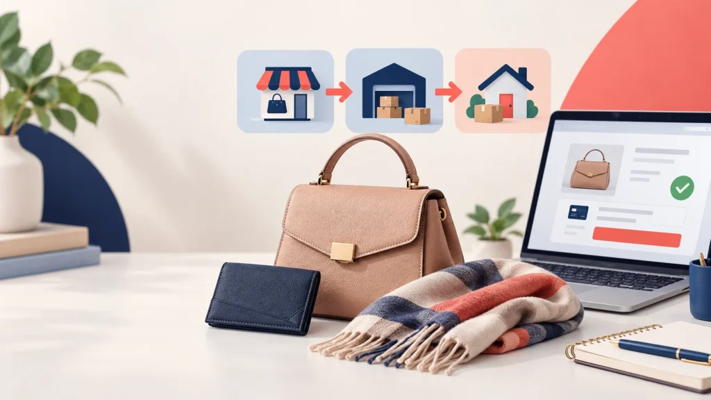 Unbranded handbag, wallet and scarf beside a checkout screen and a three-stage US-to-Australia package route