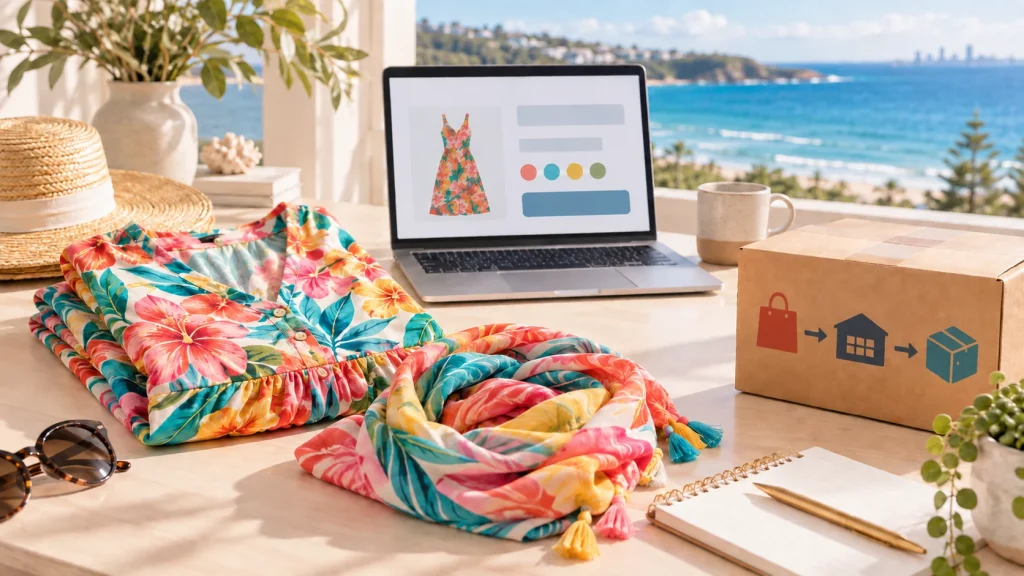 Colourful unbranded resort apparel beside a checkout screen and a US-to-Australia parcel route