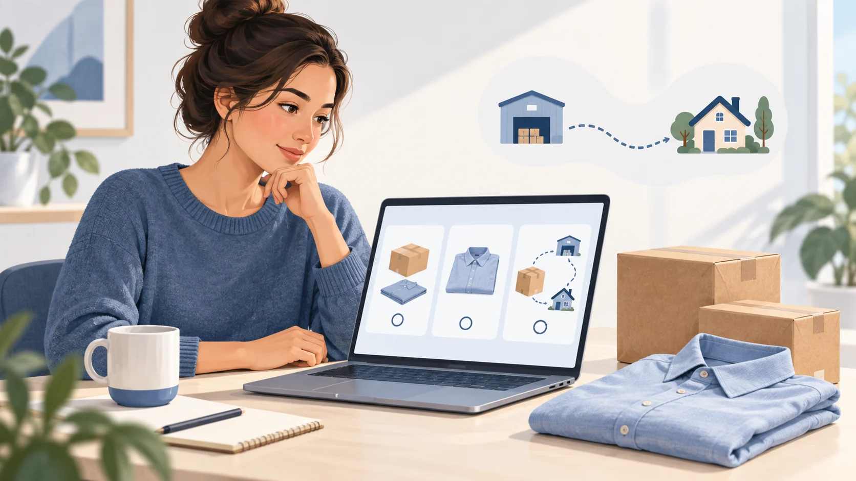 Shopper comparing unbranded shopping choices beside parcels, a folded shirt and a receiving-building-to-home route illustration