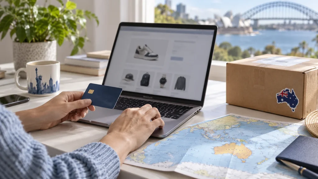 Shopper comparing an online purchase beside a parcel and map of Australia
