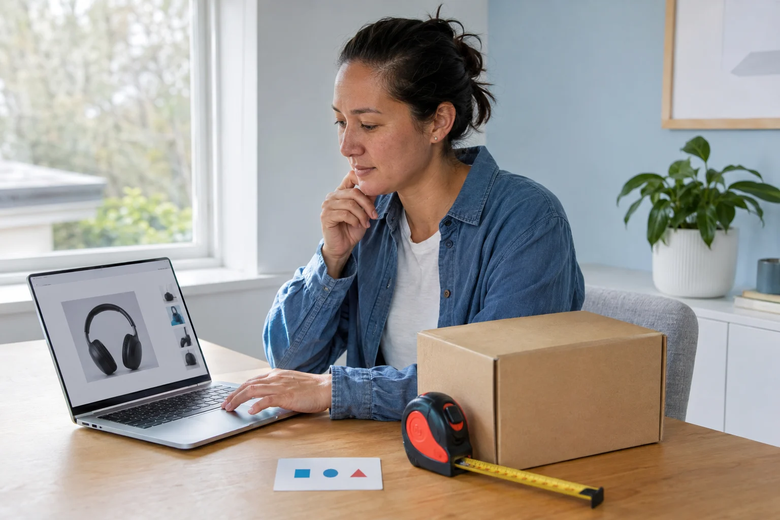 Shopper comparing a US purchase and parcel dimensions before forwarding to New Zealand
