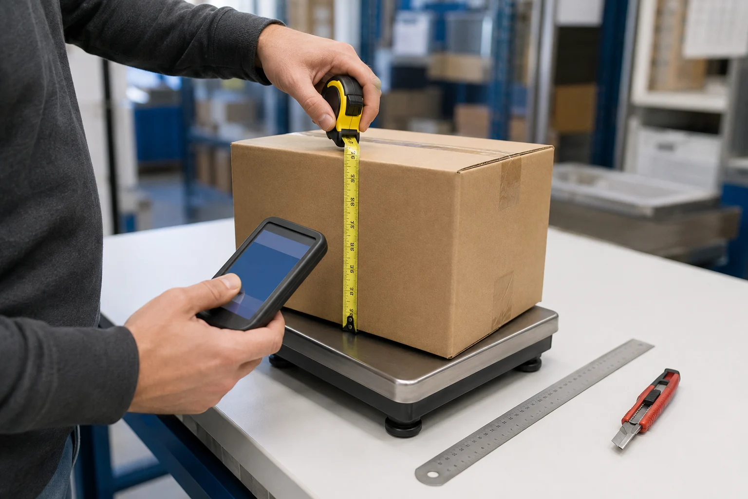 Warehouse team member checking an inbound parcel for onward forwarding